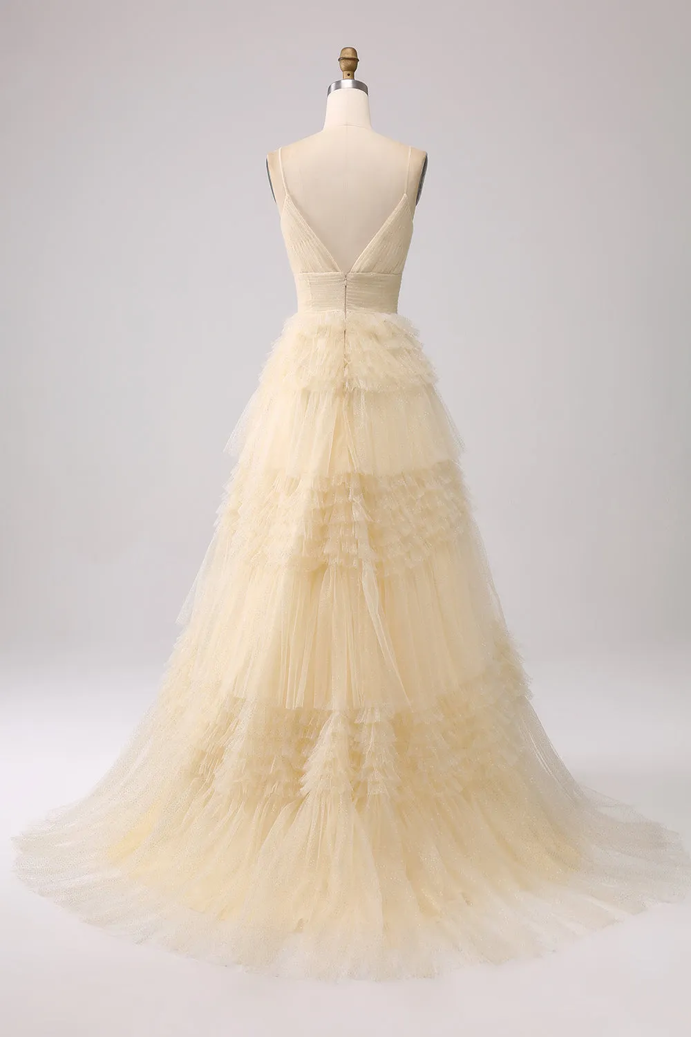 Beige A Line Spaghetti Straps Long Prom Dress with Ruffles sold by Zapaka product image thumbnail 2