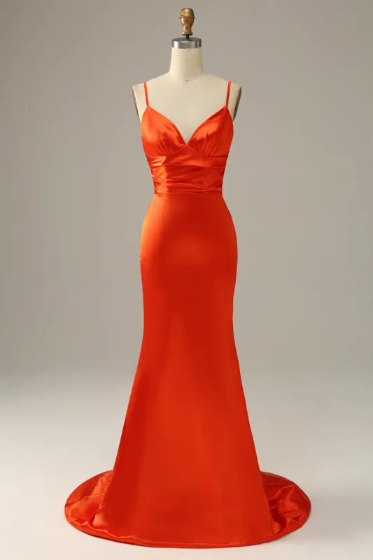 Orange Spaghetti Straps Mermaid Prom Dress made by Zapaka