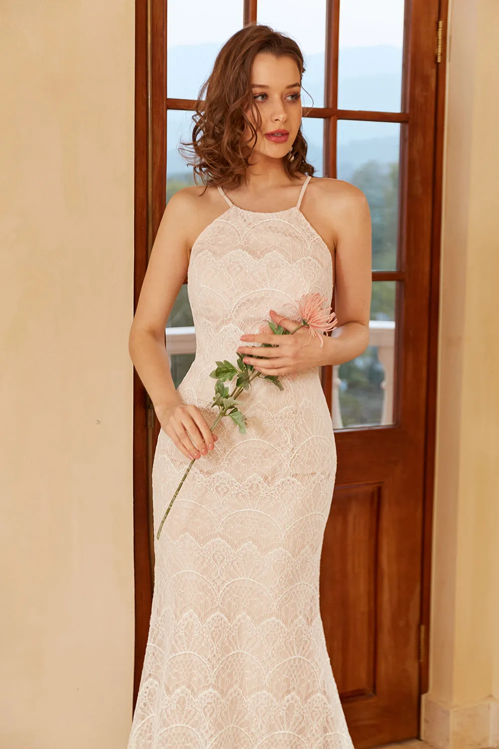 Mermaid Halter White Lace Wedding Dress with Sweep Train sold by Zapaka product image thumbnail 5
