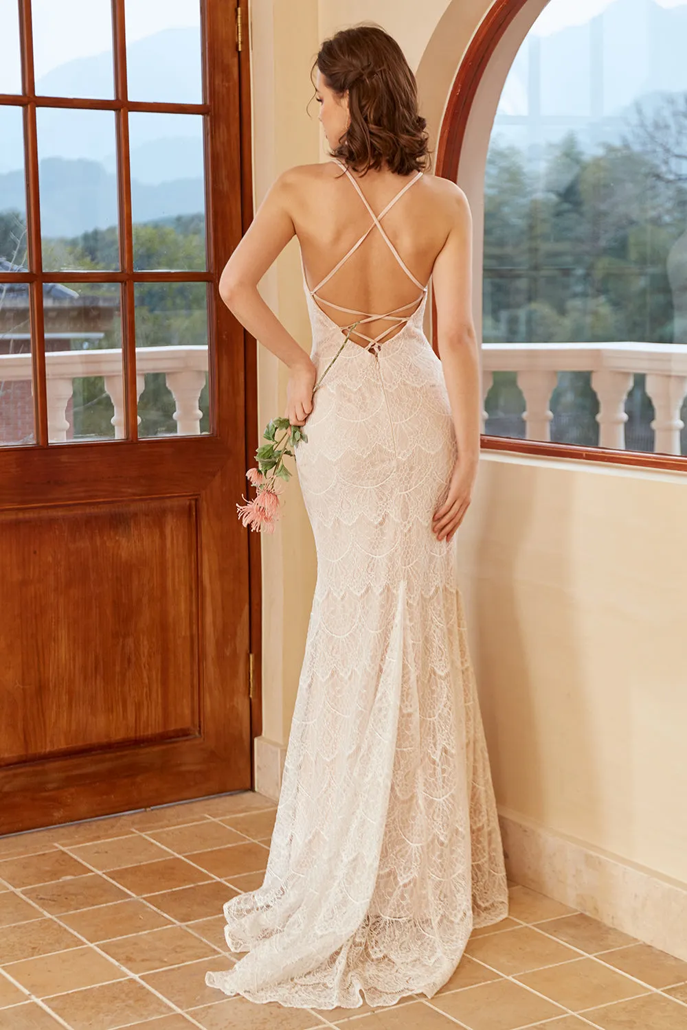 Mermaid Halter White Lace Wedding Dress with Sweep Train sold by Zapaka product image thumbnail 2