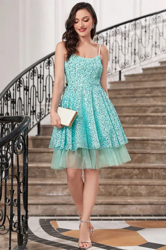 Sparkly Blue A Line Spaghetti Straps Sequins Tiered Short Cocktail Dress sold by Zapaka