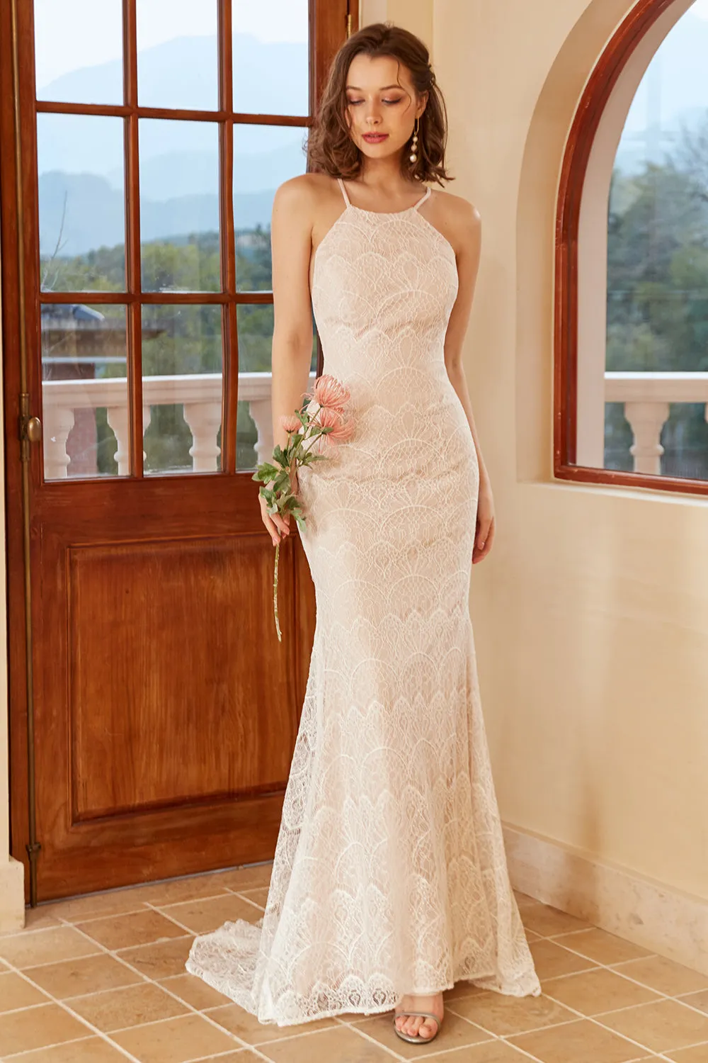 Mermaid Halter White Lace Wedding Dress with Sweep Train sold by Zapaka product image thumbnail 3