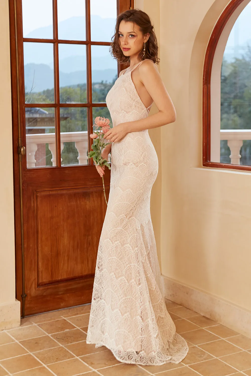 Mermaid Halter White Lace Wedding Dress with Sweep Train sold by Zapaka product image thumbnail 4