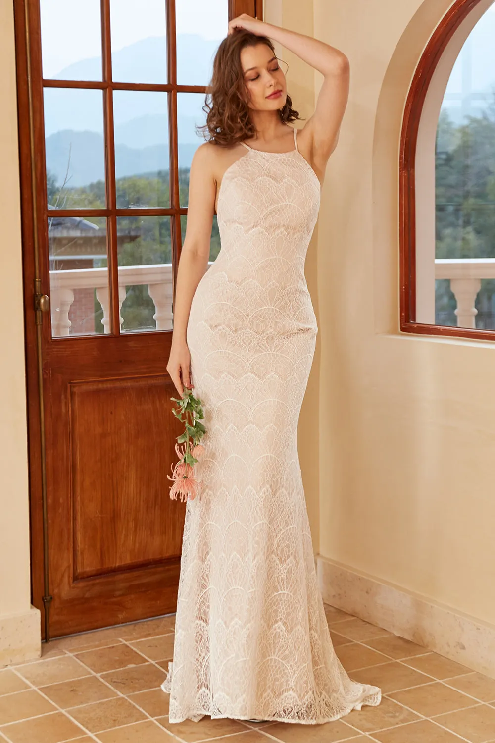 Mermaid Halter White Lace Wedding Dress with Sweep Train sold by Zapaka