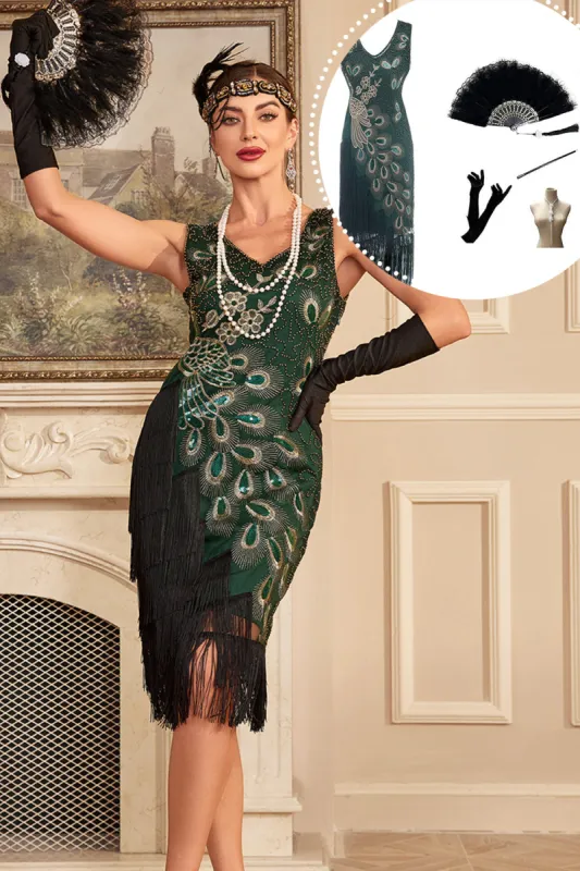 Sparkly Dark Green Fringed Beaded 1920s Dress with Accessories Set sold by Zapaka