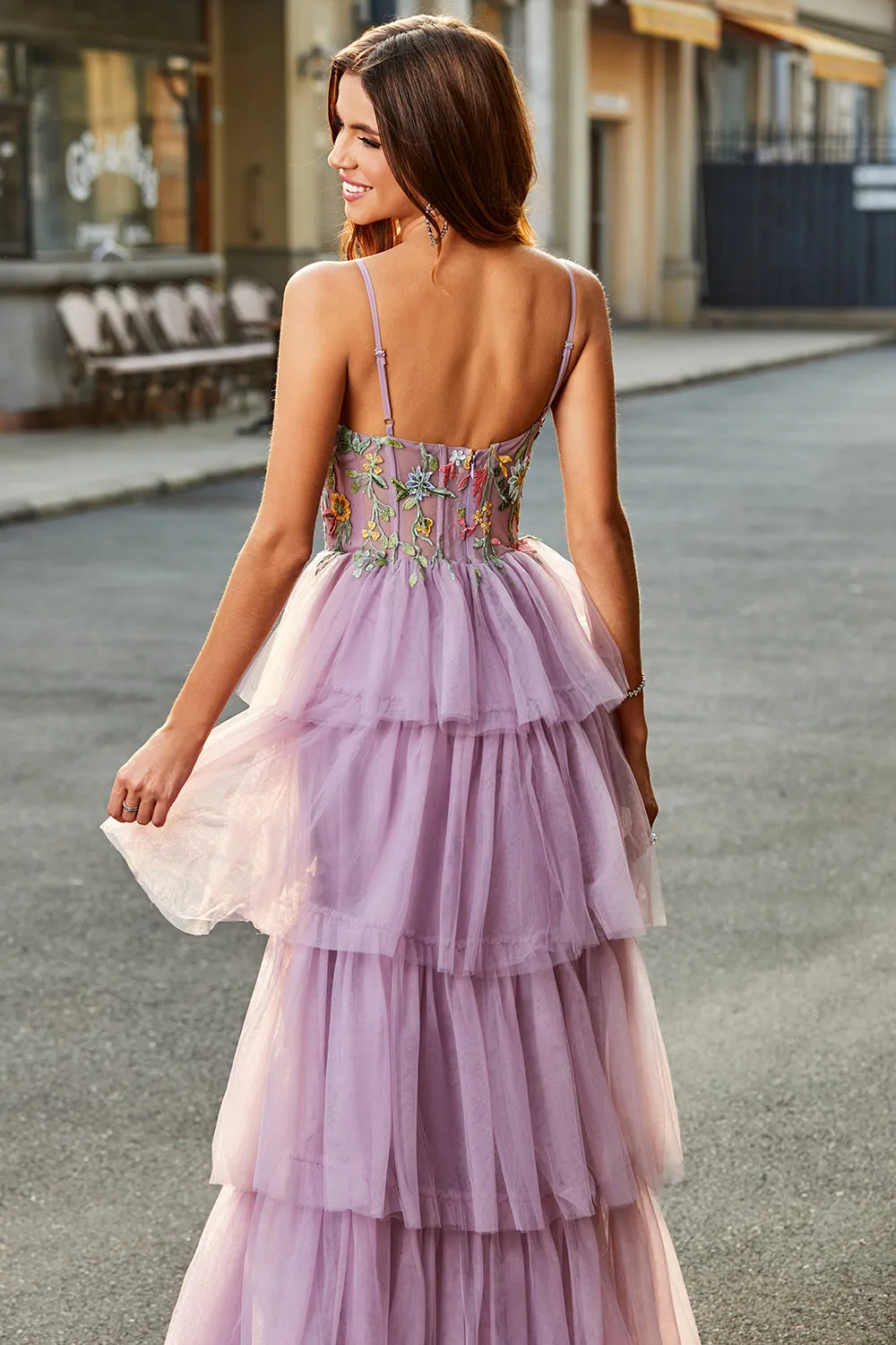 A-Line Tulle Long Corset Tiered Mauve Prom Dress With Appliques sold by Zapaka product image thumbnail 2