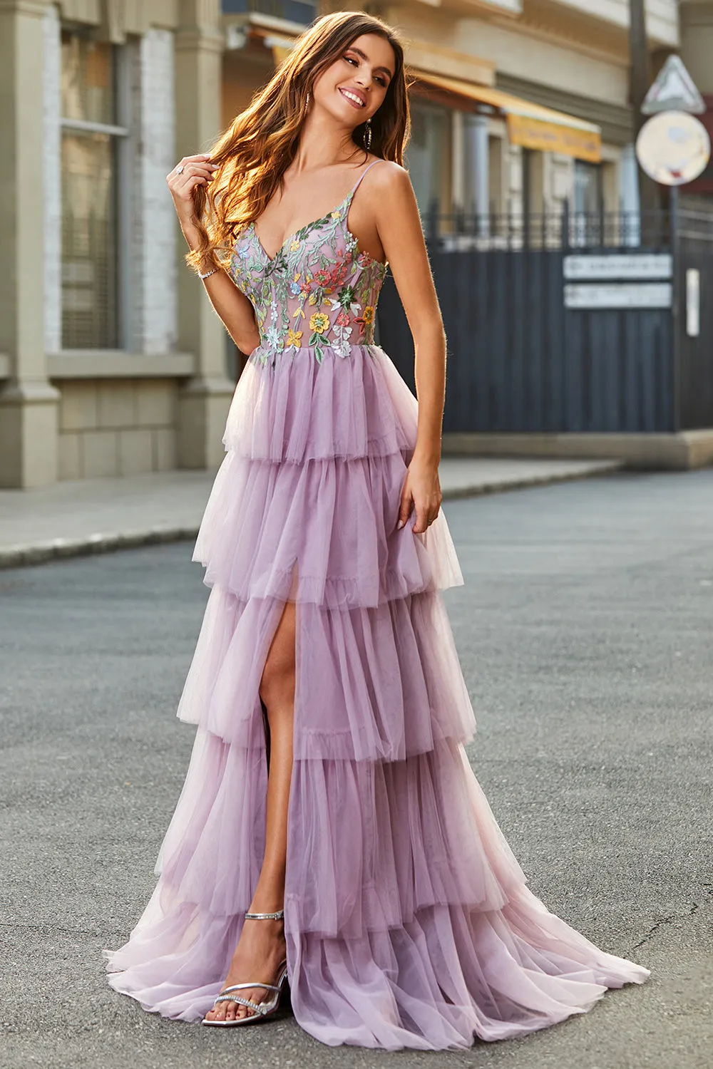 A-Line Tulle Long Corset Tiered Mauve Prom Dress With Appliques sold by Zapaka product image thumbnail 3
