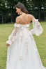 Ivory Detachable Long Sleeves Sweep Train Wedding Dress with 3D Flowers sold by Zapaka