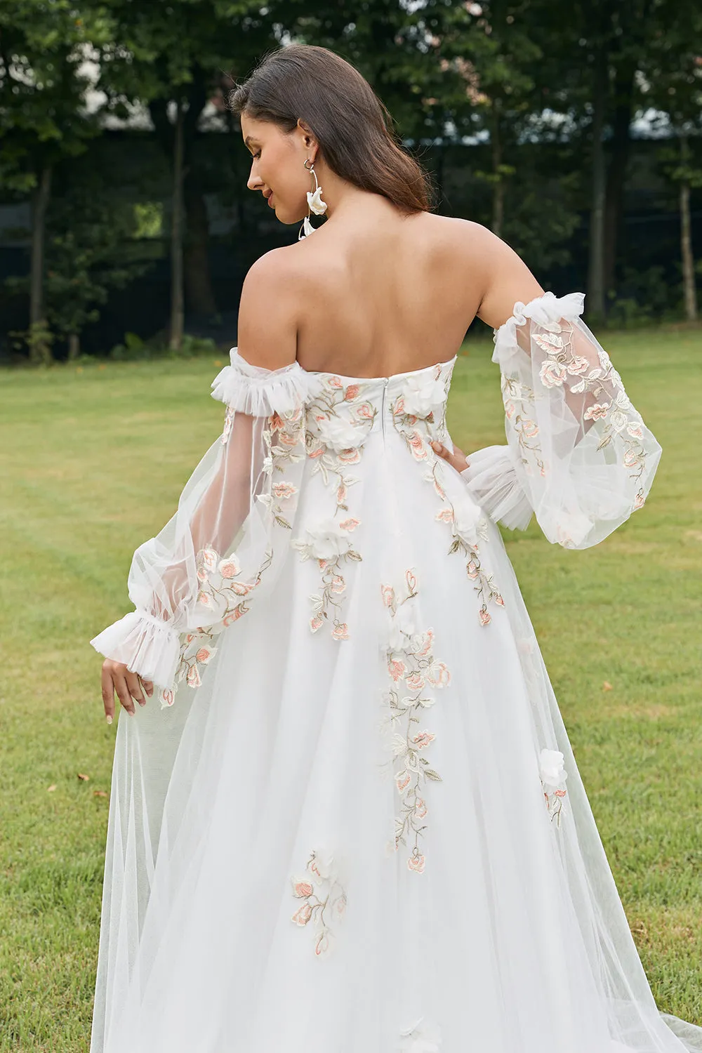 Ivory Detachable Long Sleeves Sweep Train Wedding Dress with 3D Flowers sold by Zapaka product image thumbnail 5