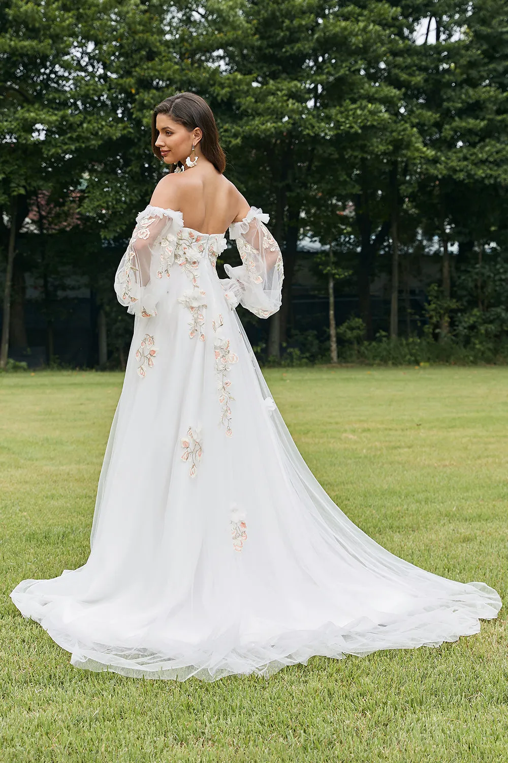 Ivory Detachable Long Sleeves Sweep Train Wedding Dress with 3D Flowers sold by Zapaka product image thumbnail 2