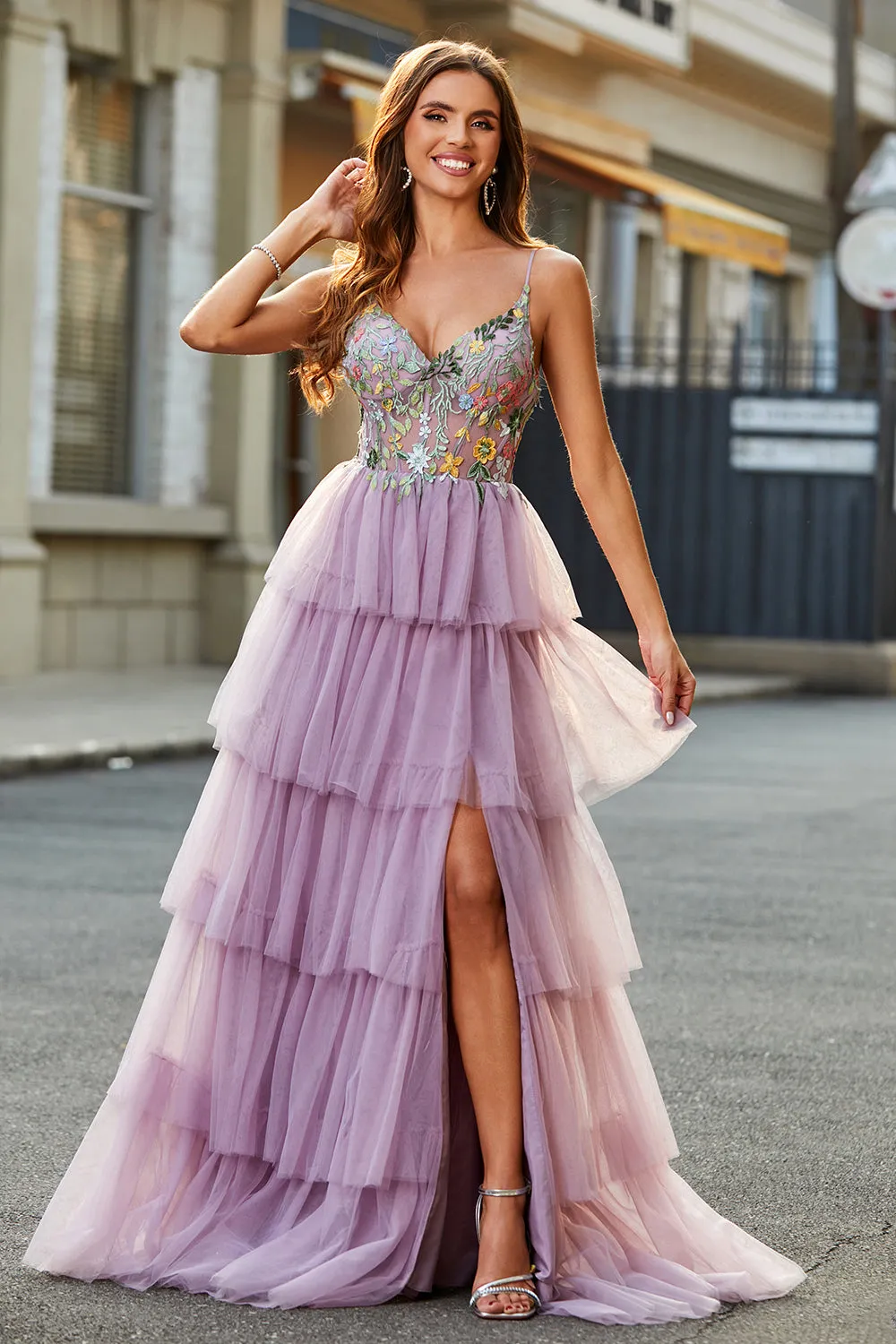 A-Line Tulle Long Corset Tiered Mauve Prom Dress With Appliques sold by Zapaka product image thumbnail 4
