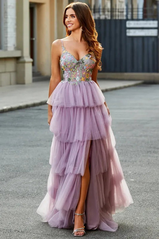 A-Line Tulle Long Corset Tiered Mauve Prom Dress With Appliques made by Zapaka