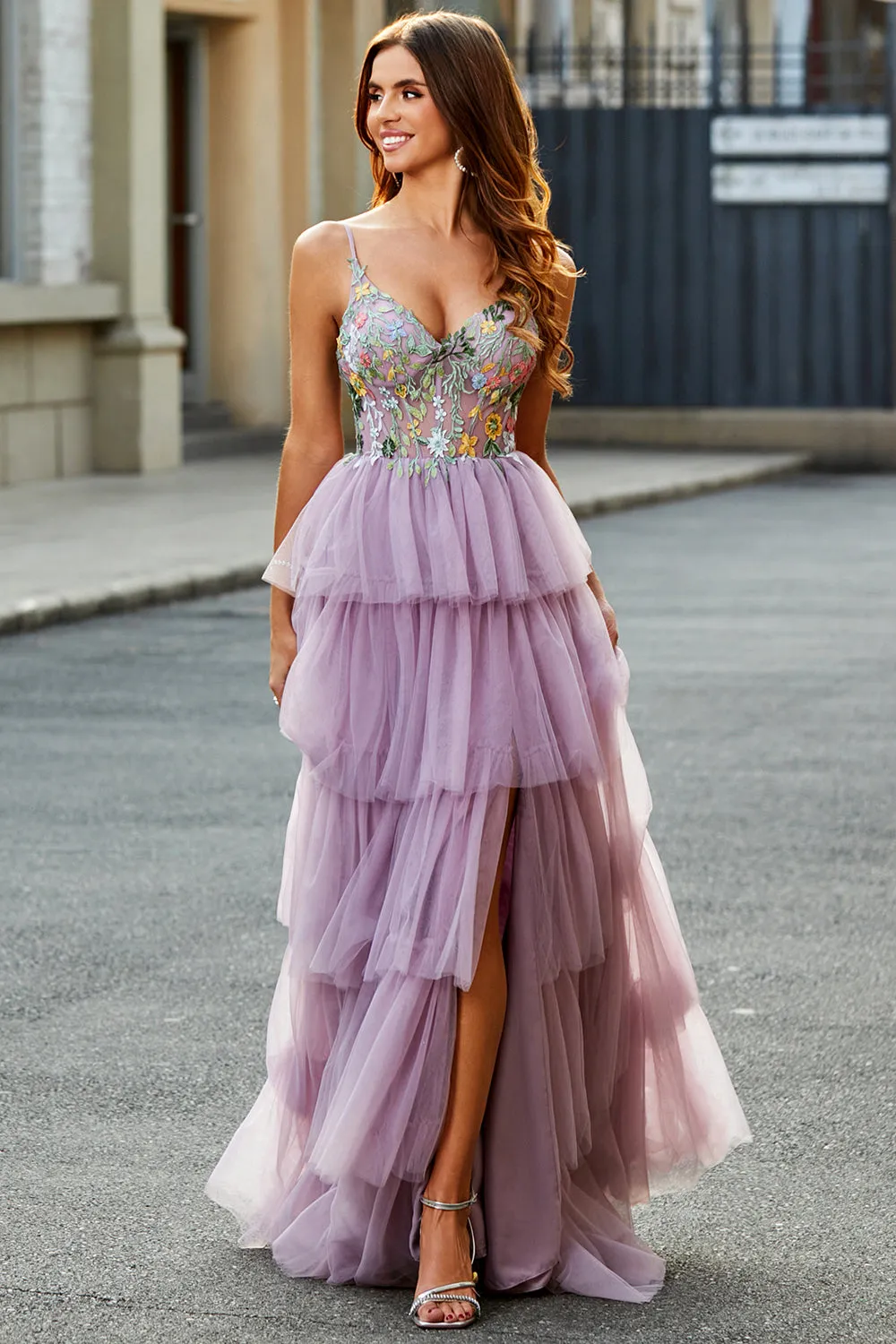 A-Line Tulle Long Corset Tiered Mauve Prom Dress With Appliques sold by Zapaka