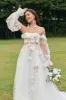 Ivory Detachable Long Sleeves Sweep Train Wedding Dress with 3D Flowers sold by Zapaka