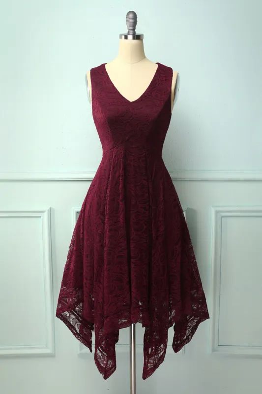Burgundy Asymmetrical Lace Dress sold by Zapaka