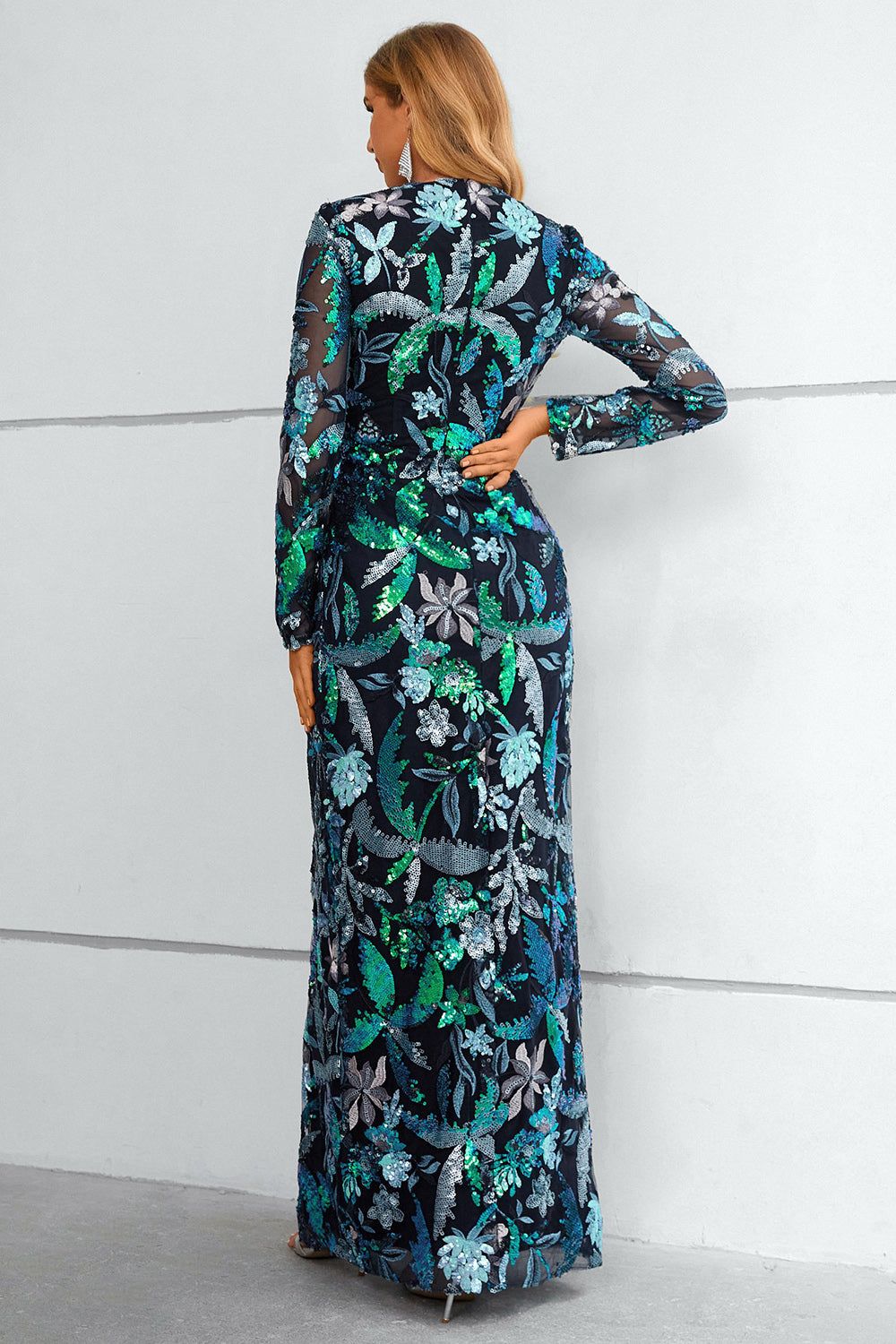 Black Long Sleeves Sequined Wrap Formal Dress With Embroidery sold by Zapaka product image thumbnail 2