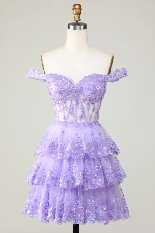 Princess A Line Purple Corset Tiered Short Homecoming Dress with Lace sold by Zapaka