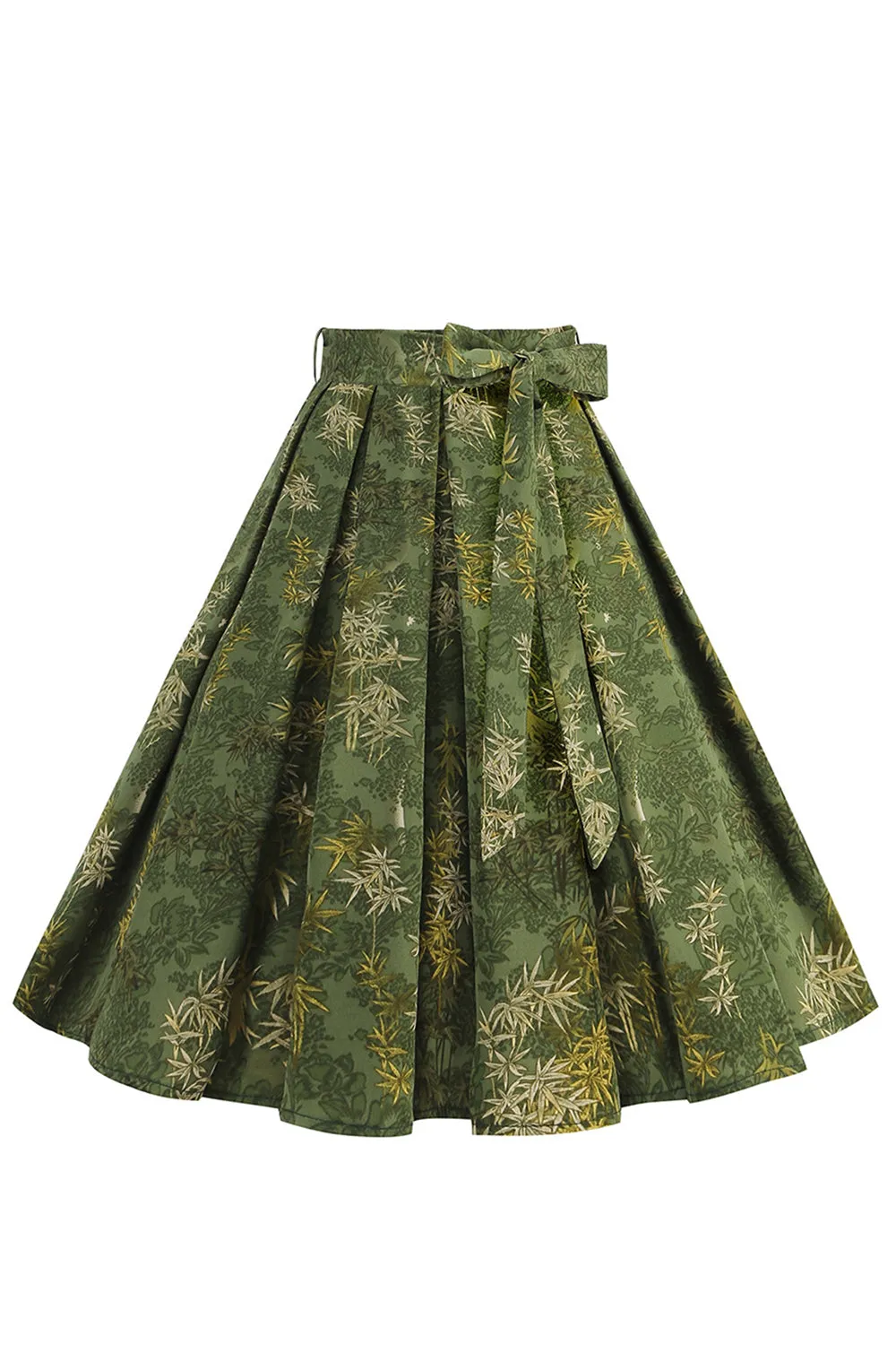 1950s Army Green Floral Pleated Swing Skirt sold by Zapaka