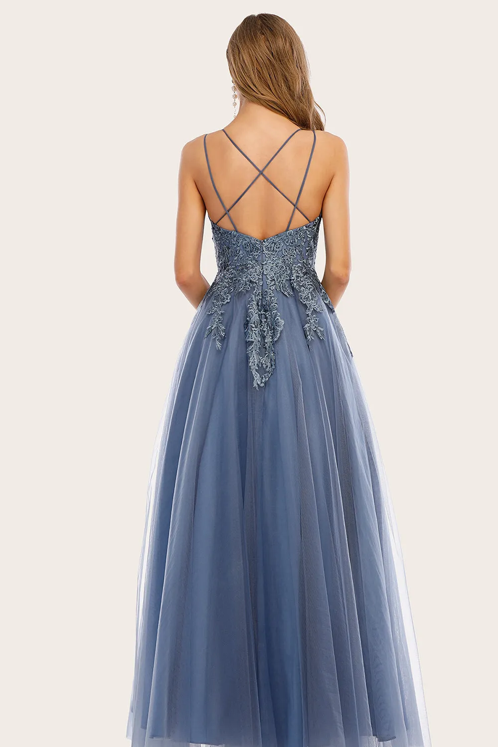 Dusty Blue Long Prom Dress with Lace sold by Zapaka product image thumbnail 2