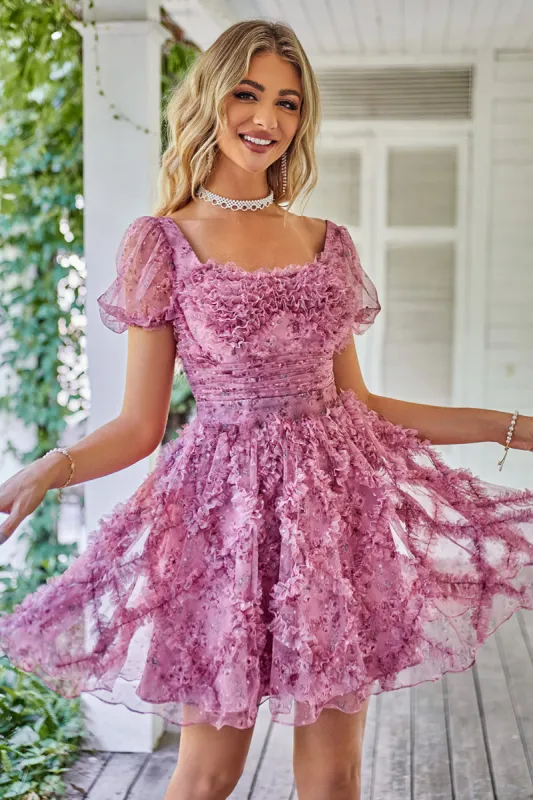 Cute A Line Floral Dusty Rose Homecoming Dress with Ruffles sold by Zapaka