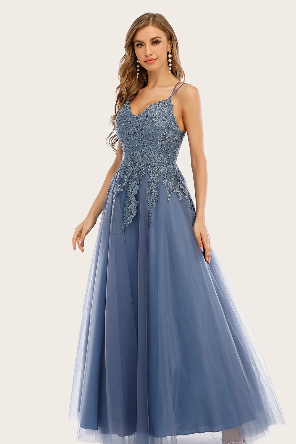 Dusty Blue Long Prom Dress with Lace sold by Zapaka product image thumbnail 3