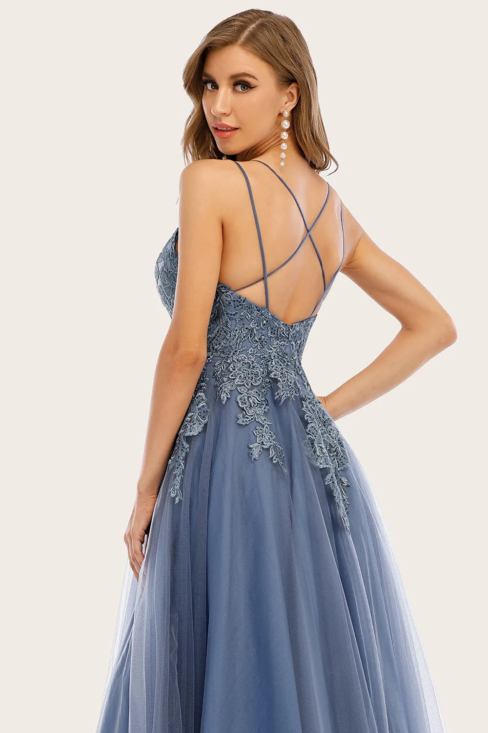 Dusty Blue Long Prom Dress with Lace sold by Zapaka product image thumbnail 4