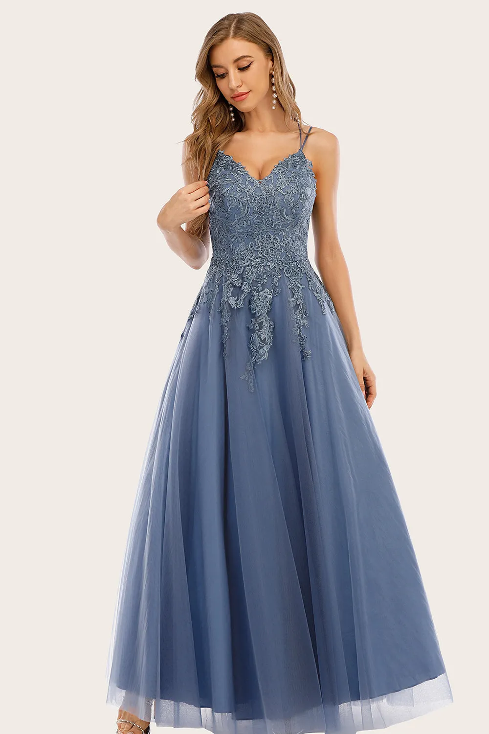 Dusty Blue Long Prom Dress with Lace sold by Zapaka