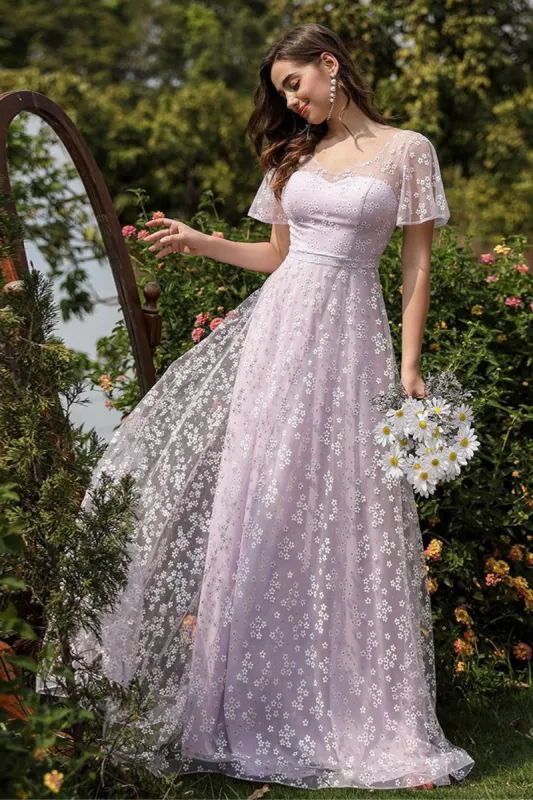 Lilac A line Tulle Prom Dress with Floral Print sold by Zapaka