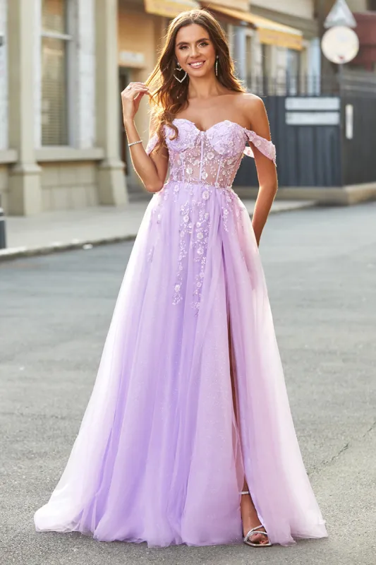 Off The Shoulder Light Purple A-Line Beaded Corset Prom Dress sold by Zapaka