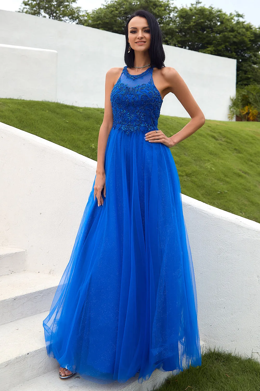 Royal Blue Tulle Prom Dress with Appliques sold by Zapaka