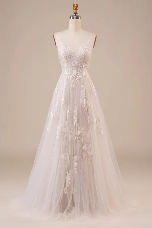 Tulle Backless Ivory Long Wedding Dress with Embroidery sold by Zapaka