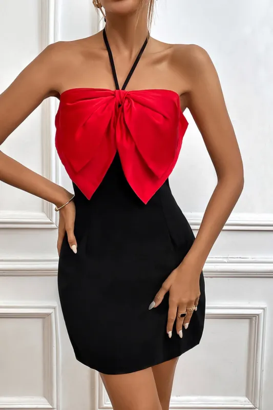 Black Bodycon Contrast Color Halter Neck Strap Bow Banquet Evening Dress sold by Zapaka