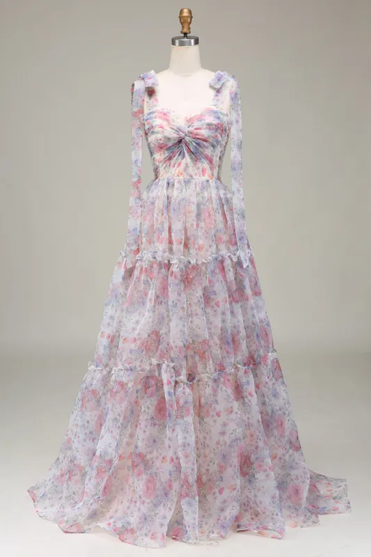 A-Line Spaghetti Straps Lilac Flower Printed Prom Dress sold by Zapaka