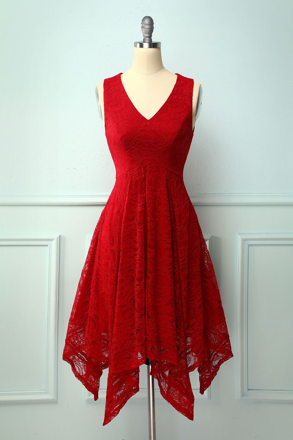 Dark Red Asymmetrical Lace Dress sold by Zapaka