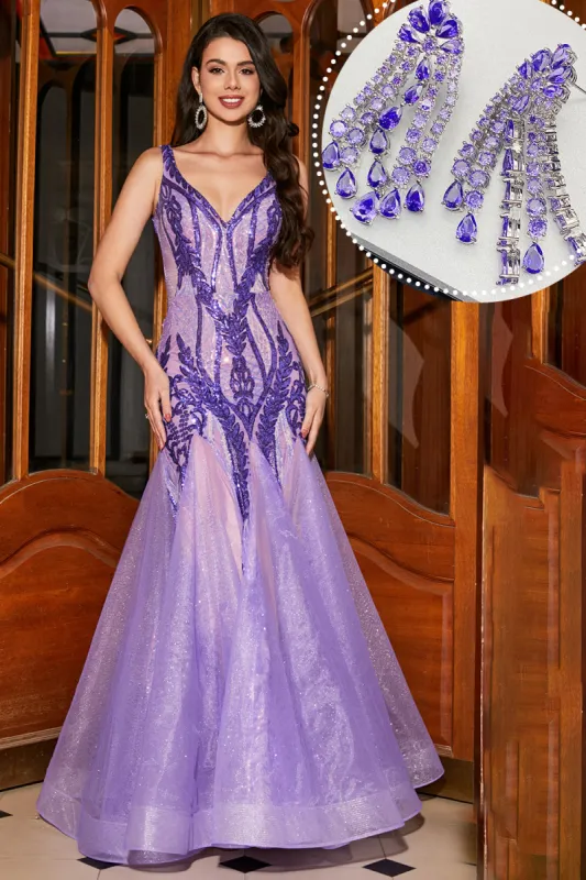 Sparkly Purple Mermaid Long Prom Dress with Accessory sold by Zapaka