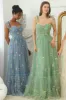 Green A Line Spaghetti Straps Long Prom Dress With Embroidery sold by Zapaka