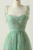 Green A Line Spaghetti Straps Long Prom Dress With Embroidery sold by Zapaka
