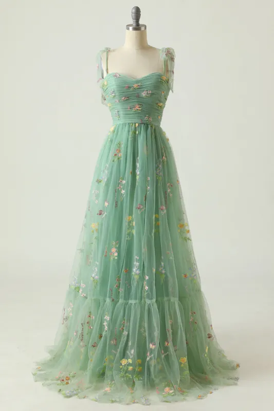 Green A Line Spaghetti Straps Long Prom Dress With Embroidery sold by Zapaka