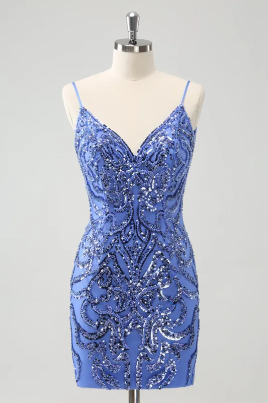 Blue Backless Spaghetti Straps Tight Homecoming Dress with Sequins sold by Zapaka