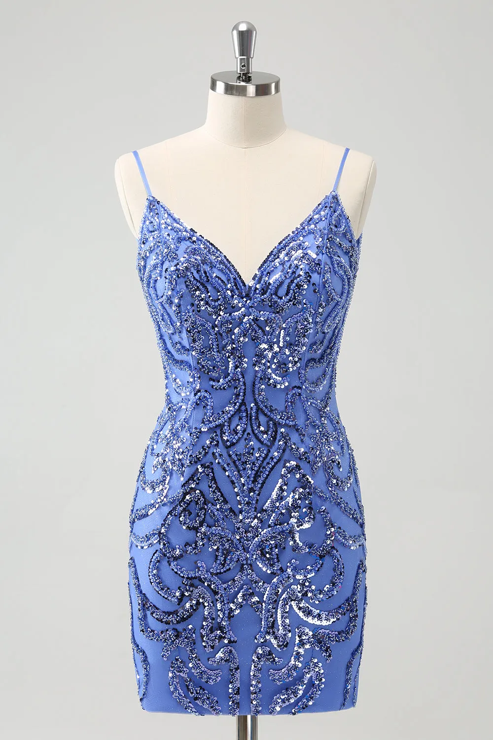 Blue Backless Spaghetti Straps Tight Homecoming Dress with Sequins sold by Zapaka
