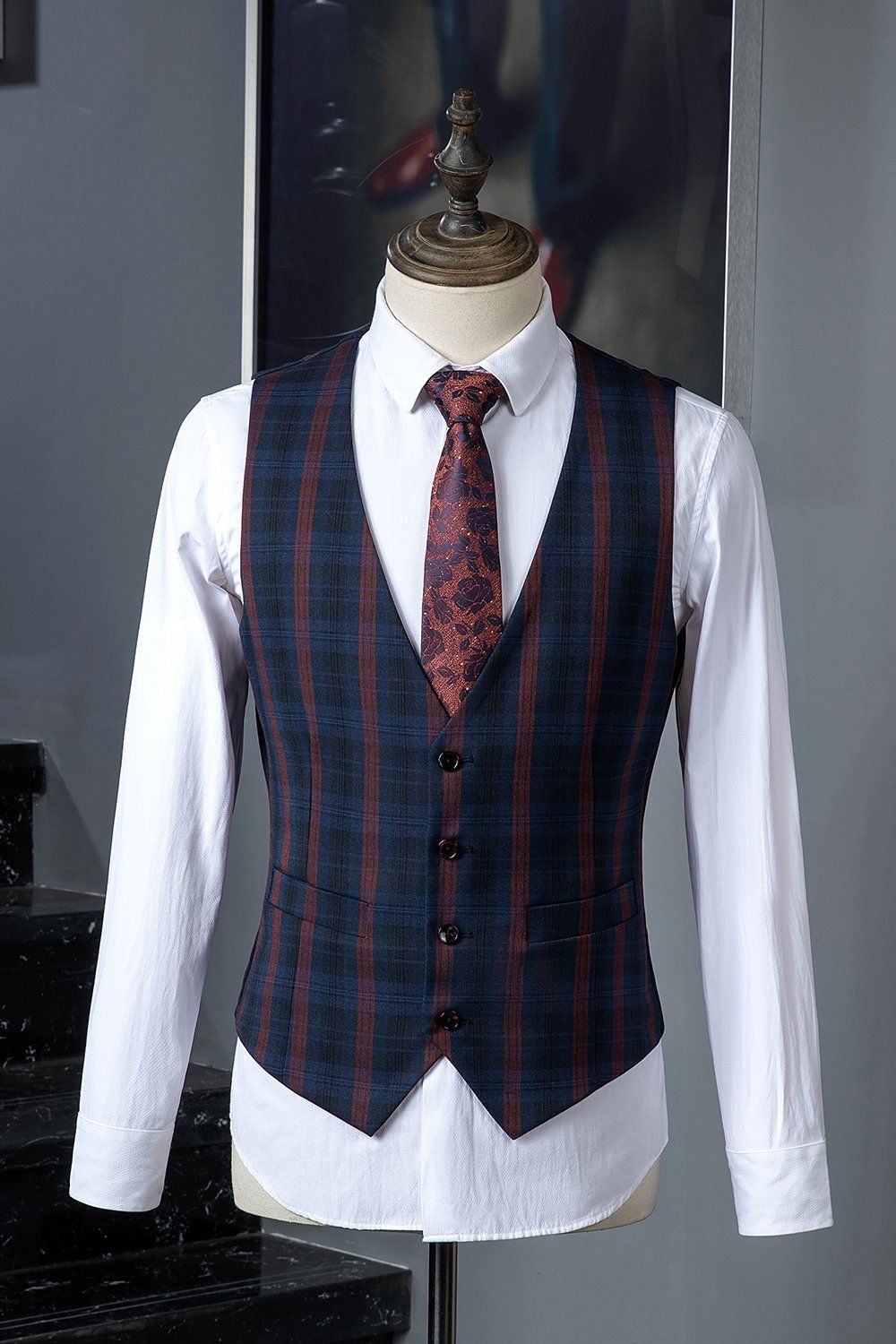 Navy Plaid 3-Piece Double-Breasted Men's Suit sold by Zapaka product image thumbnail 4