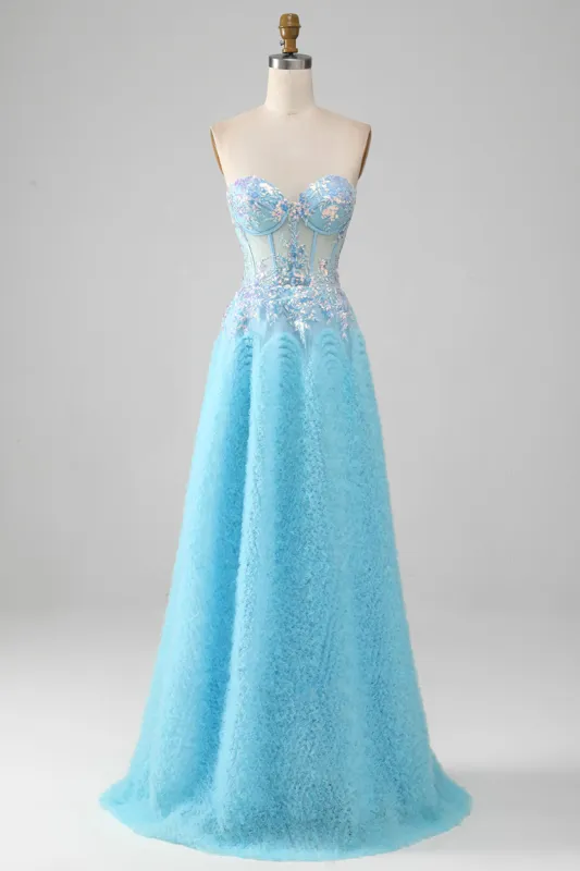 Sky Blue Sweetheart Corset Prom Dress with Sequins made by Zapaka