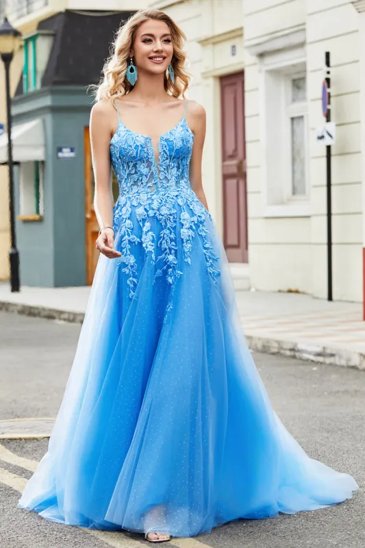 Gorgeous A Line Spaghetti Straps Blue Long Prom Dress with Appliques sold by Zapaka