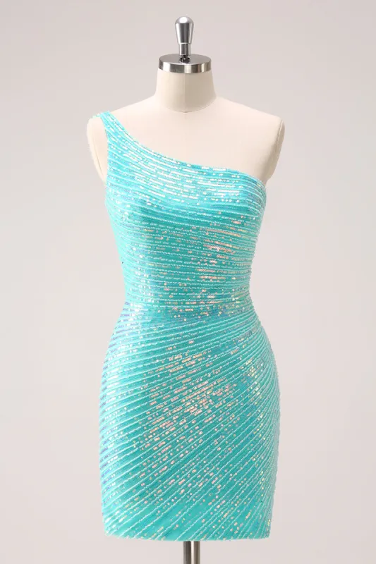 Sparkly Mint One Shoulder Tight Short Homecoming Dress with Sequins sold by Zapaka