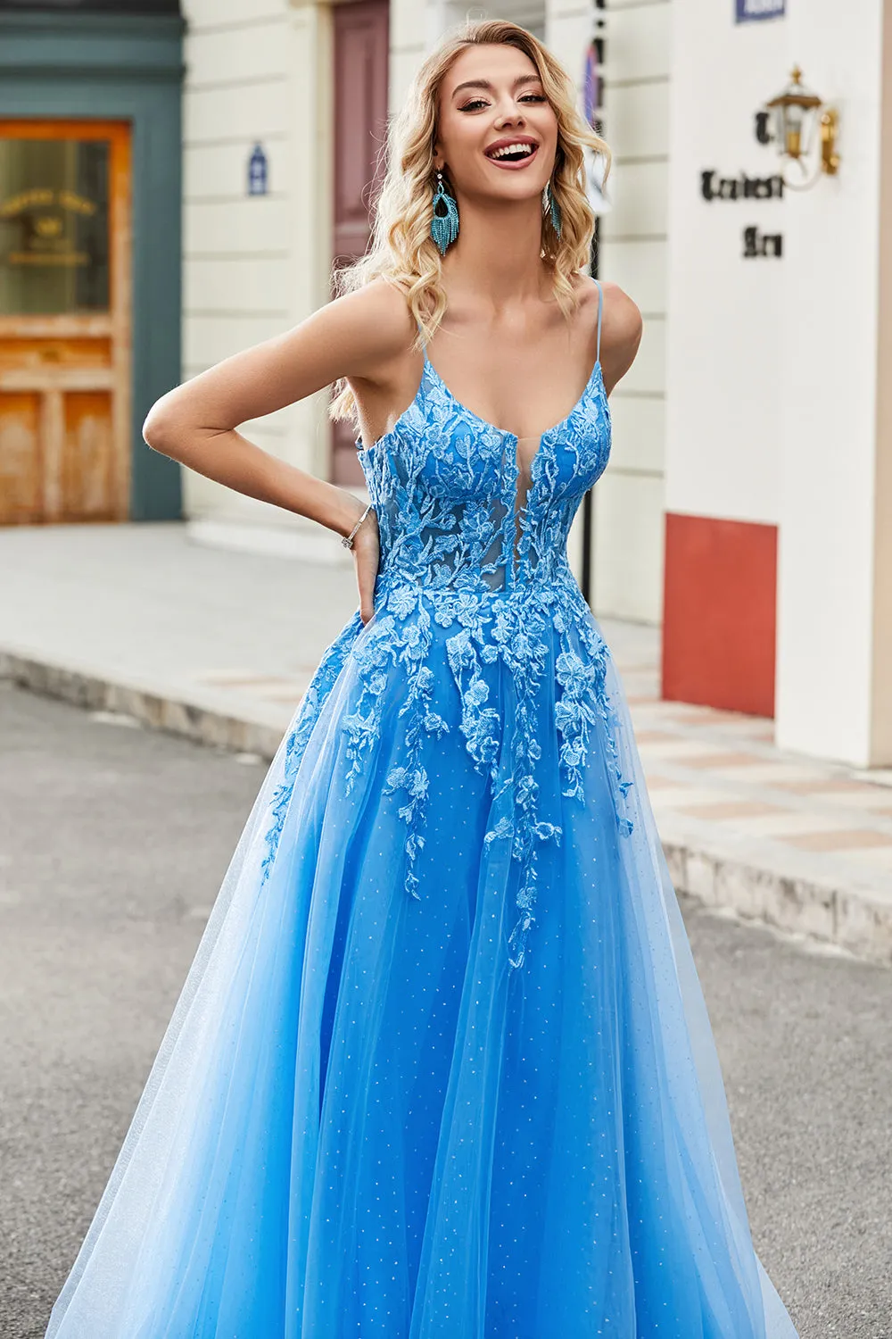 Gorgeous A Line Spaghetti Straps Blue Long Prom Dress with Appliques sold by Zapaka product image thumbnail 5