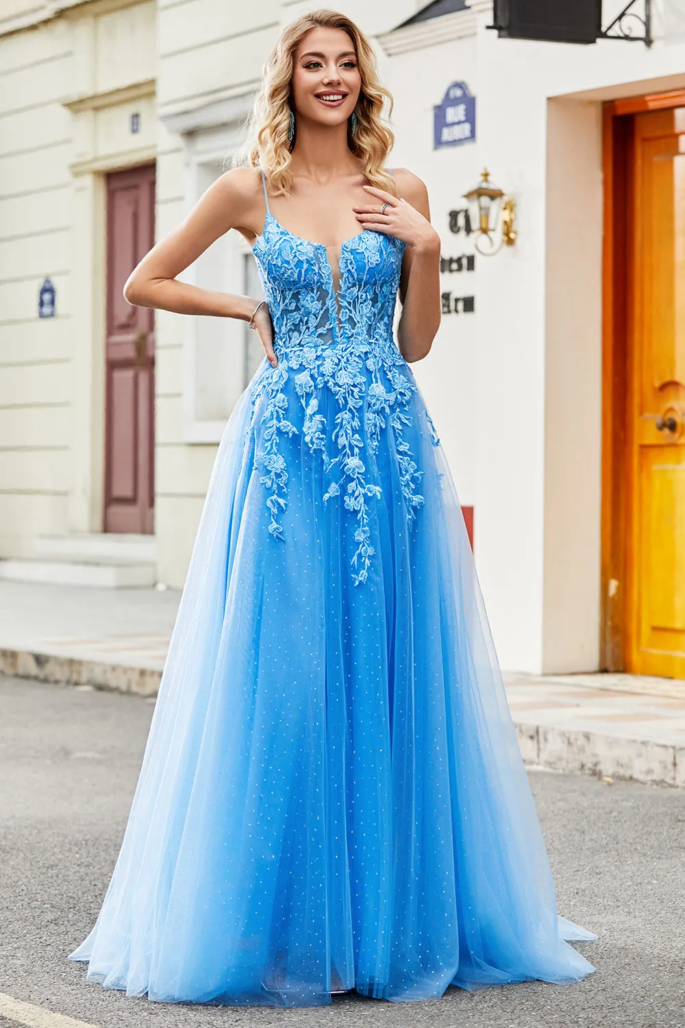 Gorgeous A Line Spaghetti Straps Blue Long Prom Dress with Appliques sold by Zapaka product image thumbnail 3