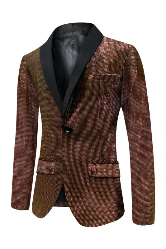 Sparkly Brown One Button Shawl Lapel Men's Blazer sold by Zapaka