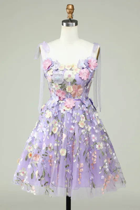 A Line Spaghetti Straps Purple Corset Homecoming Dress with 3D Flowers sold by Zapaka