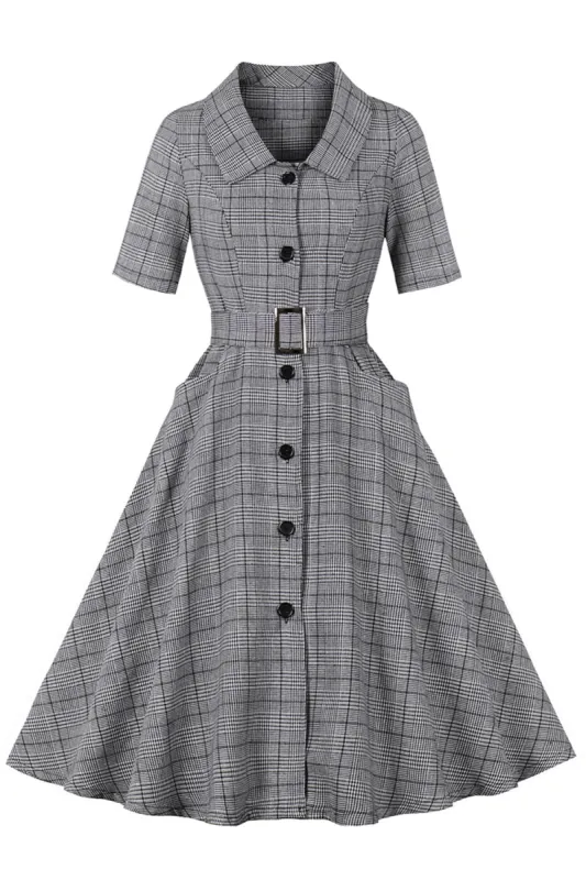 Grey Plaid Lapel Neck Vintage 1950s Dress sold by Zapaka