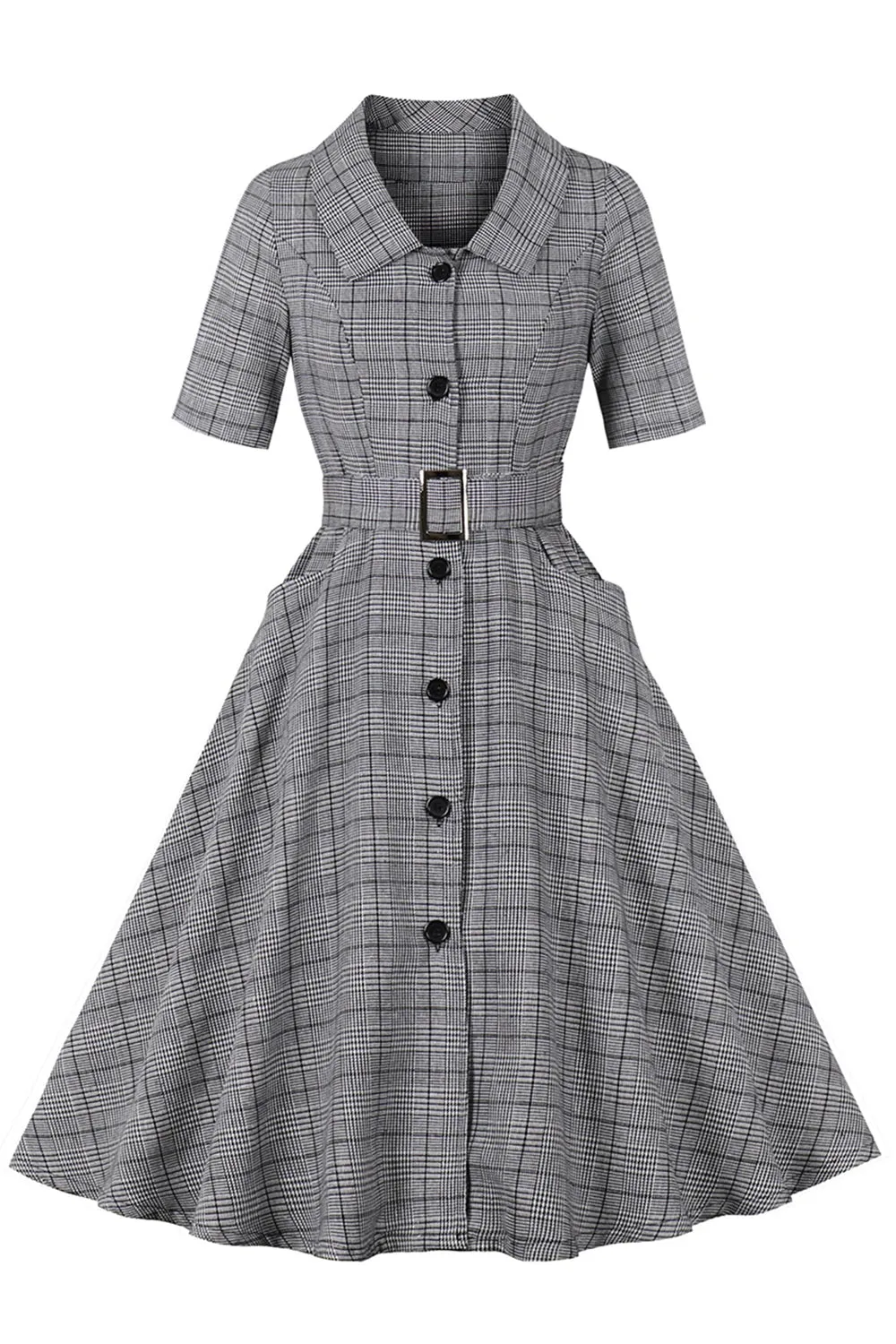 Grey Plaid Lapel Neck Vintage 1950s Dress sold by Zapaka